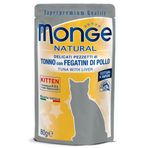 MONGE CAT NATURAL POUCHES TUNA KITTEN konservi kaķēniem Tuncis, vistu aknas 80g